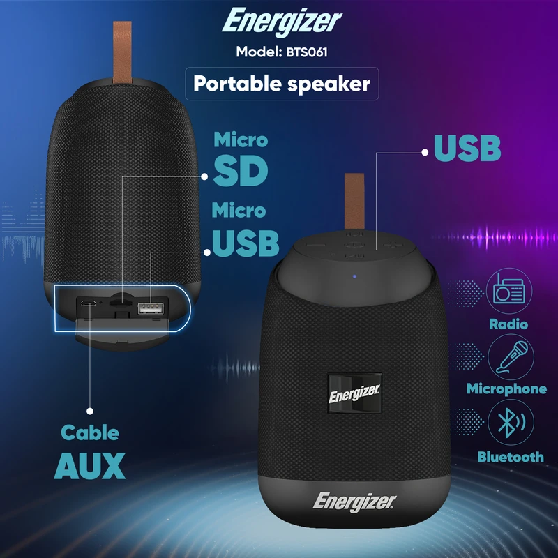 اسپیکر بلوتوثی قابل حمل انرجایزر مدل BTS061، مدت زمان پخش 2 ساعت، نسخه بلوتوث 5، منبع انرژی باتری، درگاه ارتباطی شامل microUSB، دارای رادیو FM، میکروفون داخلی، امکان تنظیم حجم صدا، قابلیت مکالمه پس از اتصال تماس